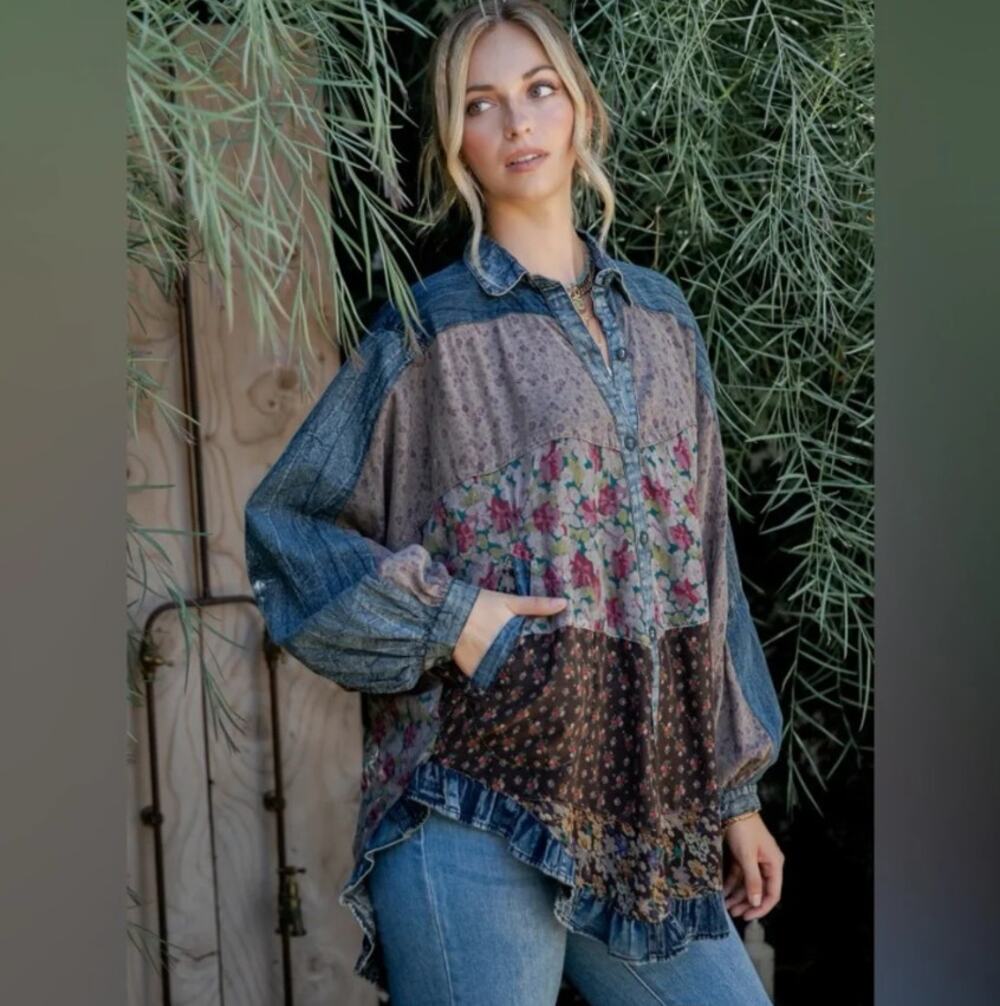 Young Threads Floral Patchwork Chambray Tunic NWT Approx XL - Floral Cottage